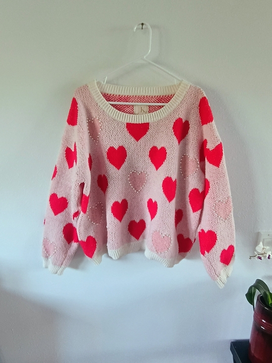 Sweaters - JK XL Pink Heart Sweater Rhinestone Valentine Coquette Fuzzy Knit Pullover Top